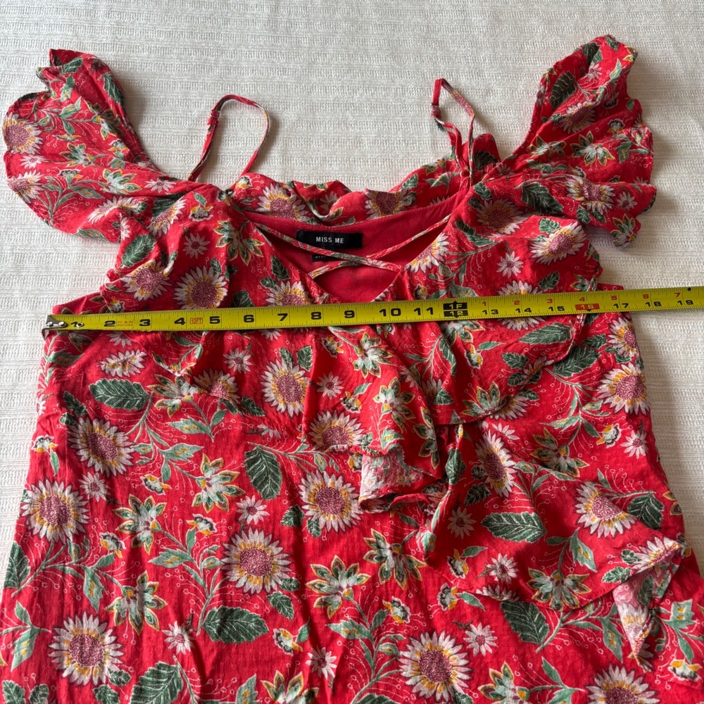 Vintage Y2K Miss Me Red Floral Cold Shoulder Ruffle Blouse Sunflowers Small - Picture 8 of 8